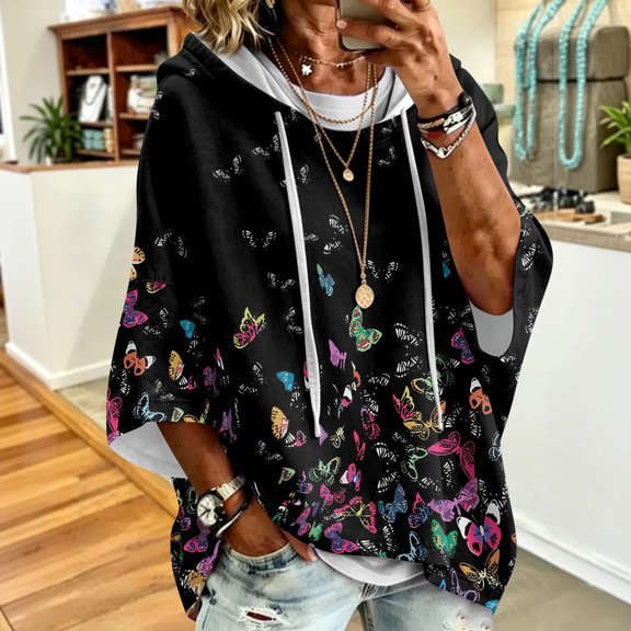 Hoodies for Women 3/4 Sleeve Oversized Hooded Pullover Loose Casual Sweatshirt Cozy Fall Winter Daily Outfit
