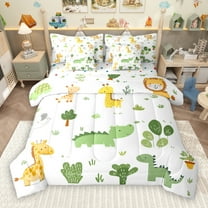 jejeloiu Cute Cartoon dinosaur 7-Piece Twin Bedding Sets,Zoo Animal Giraffe Bedding Comforter Set,Tropical Desert Plant Cactus Sheet Sets For Kids Boys,Super Cozy Room Decor Reversible