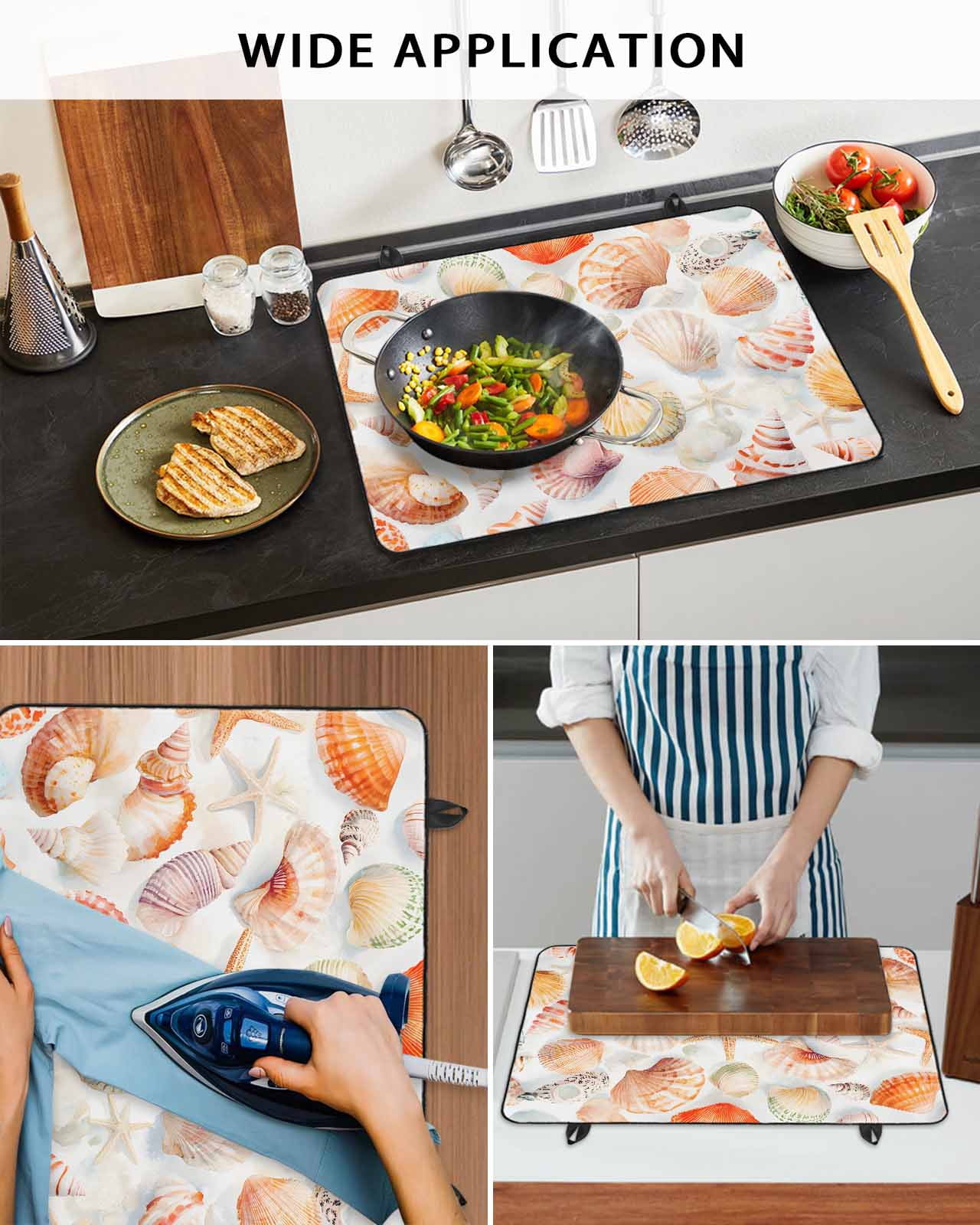 nqOlkjepod Large Induction Cooktop Protector Mat 36"x21", Orange Shells Coastal Stove Top Covers for Electric Stove, Summer Beach Starfish Watercolor Stove Burner Cover Mats, Glass Top Stove Cover