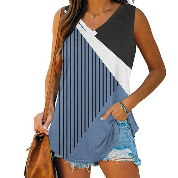 mfyjkho Camisetas Sin Mangas Para Mujer, Blusa Informal Holgada Con Cuello En V Y Estampado Para Mujer Tops Elegantes Para Mujer M