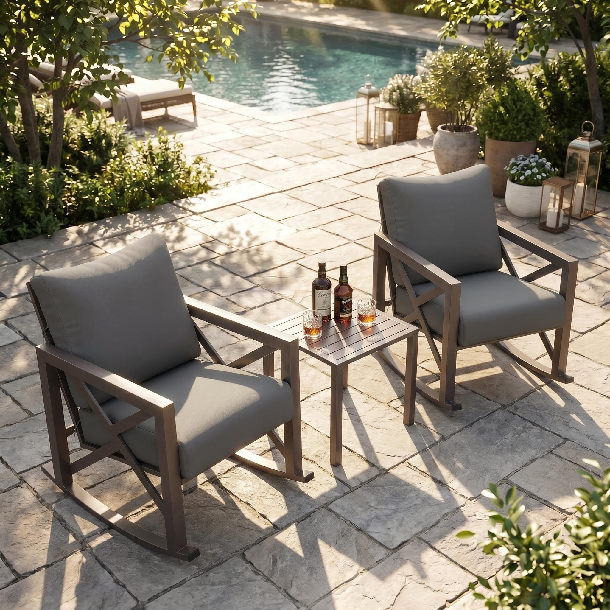 UDPATIO 3-Piece Metal Patio Rocking Chair Set, Heavy Duty 350 lbs Capacity Outdoor Bistro Furniture Set with 2 Rockers, Thick Cushions and Coffee Table for Porch, Rust-Resistant, Grey