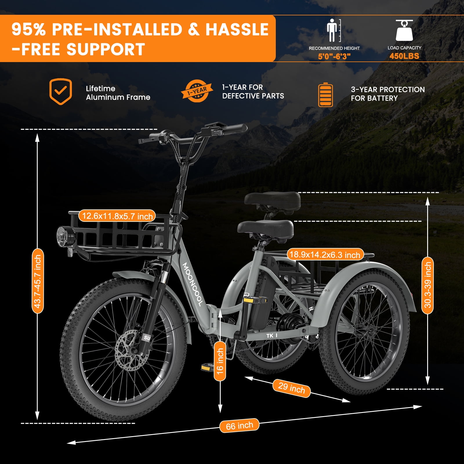MOONCOOL TK1 Folding Electric Tricycle for Adults,48V 14.5Ah Removable battery, Peak1000W Motor, 20" Fat Tire Step-Thru 3 Wheel Electric Bicycle W/ Wide Seat & Backrest