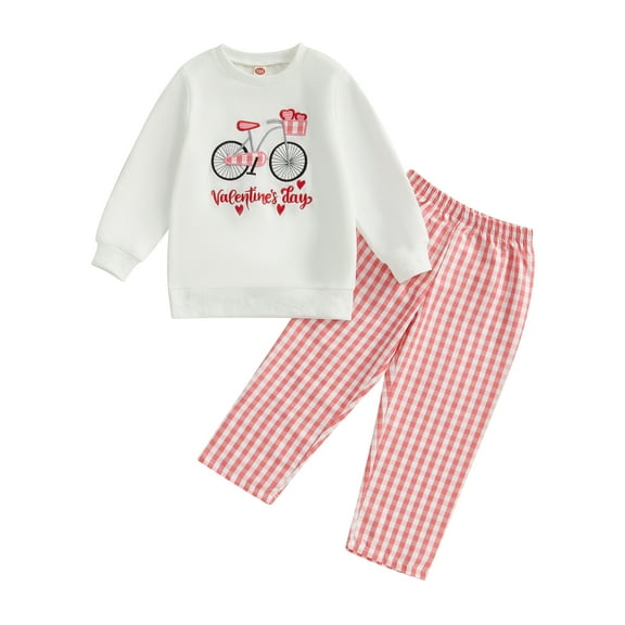 Kids Little Girls 2PCS Valentine's Day Clothing Sets 3 4 5 6 7 Years Long Sleeve O Neck Letter Bike Embroidery Tops Plaid Pants Outfits