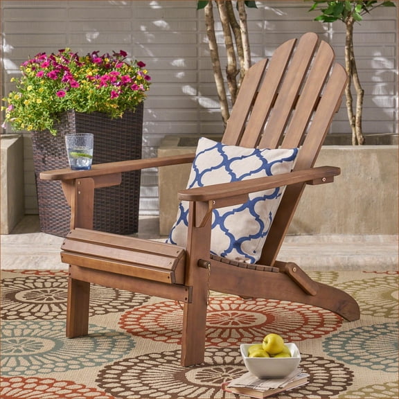 Outdoor Lounge Chairs | Foldable Solid Acacia Adirondack Chair, for Patio Poolside | Dark Brown | Slat Back