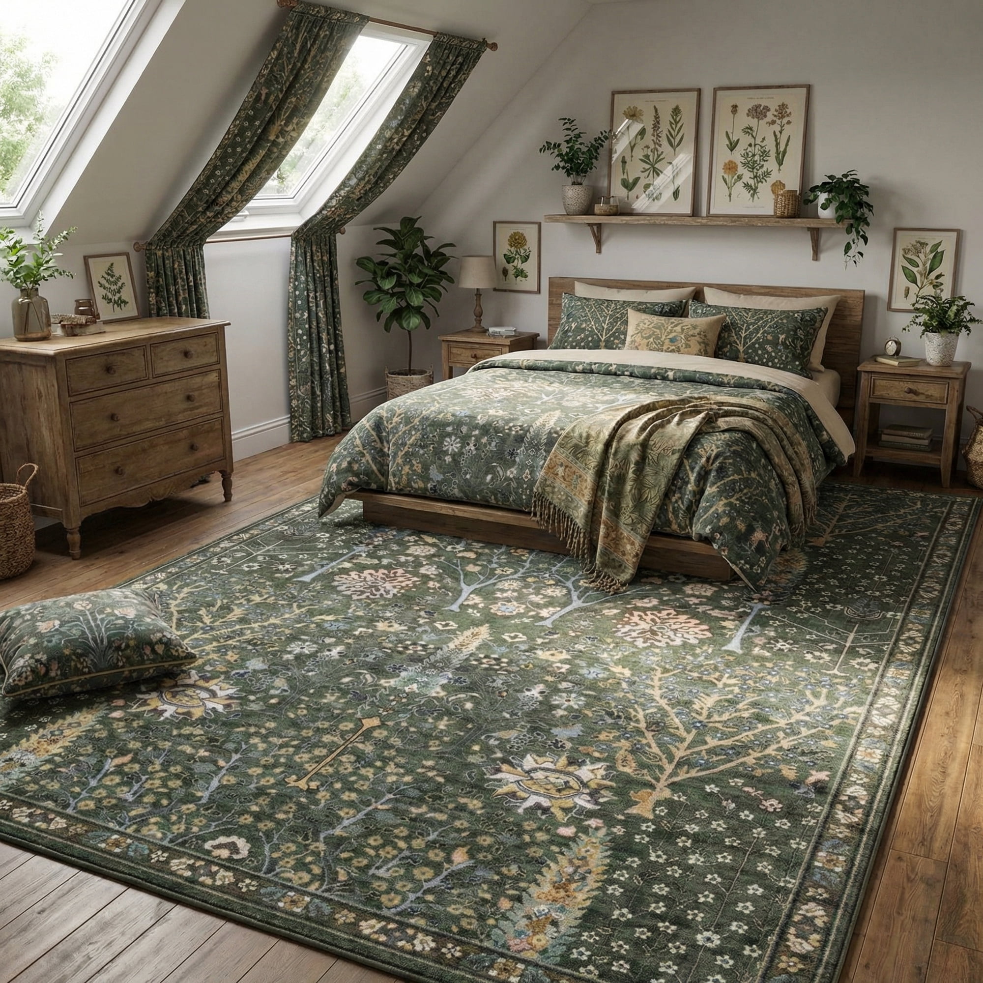 Washable Oriental Rug, 8x10 Sage Green Boho Botanical Floral Vintage Carpet, Soft Large Indoor Rug for Living Room, Bedroom, Office, Playroom