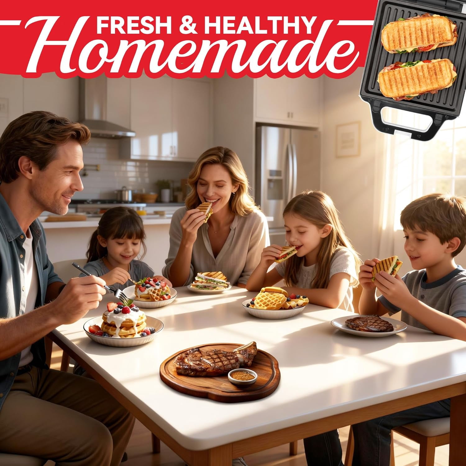2 in 1  Waffle Maker with Removable Plates,  Press Sandwich Maker for Kids and Families, White