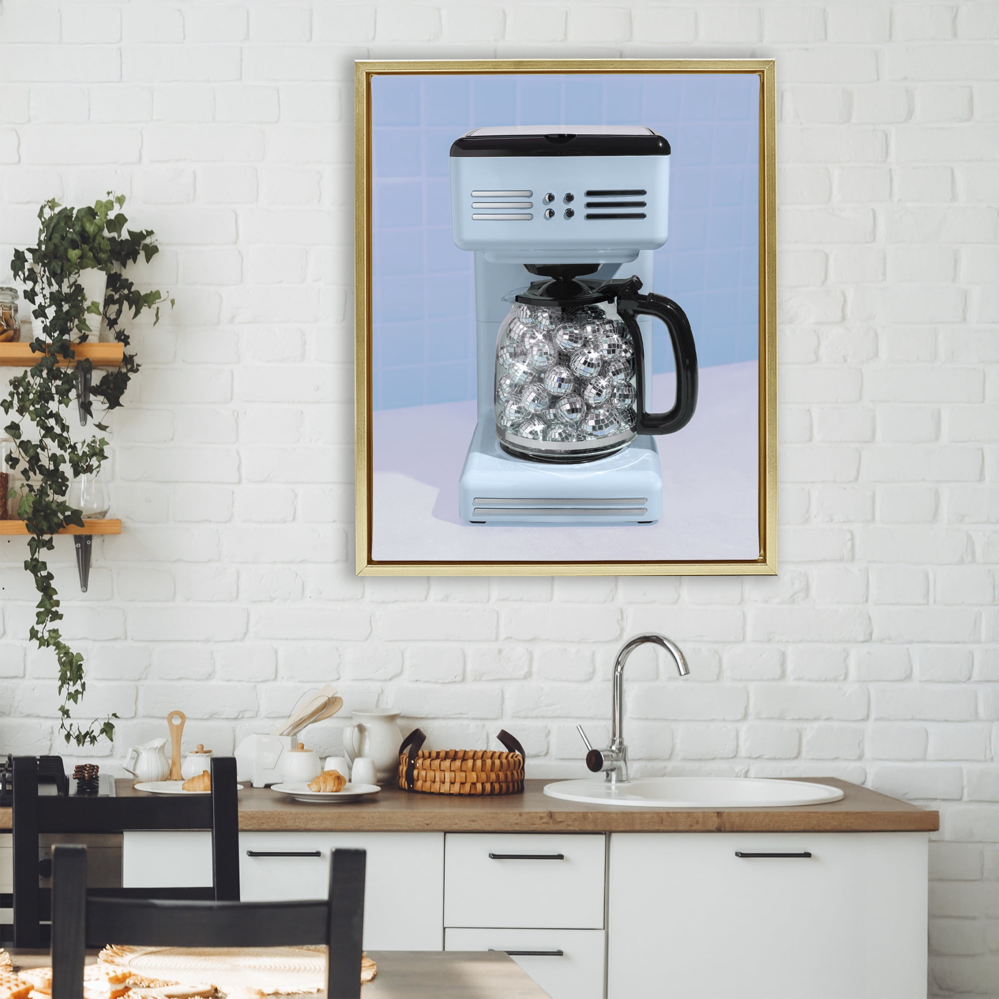Stupell Industries Disco Coffee Maker over Blue Gold Framed Floater Canvas Wall Art, design by LISH Creative