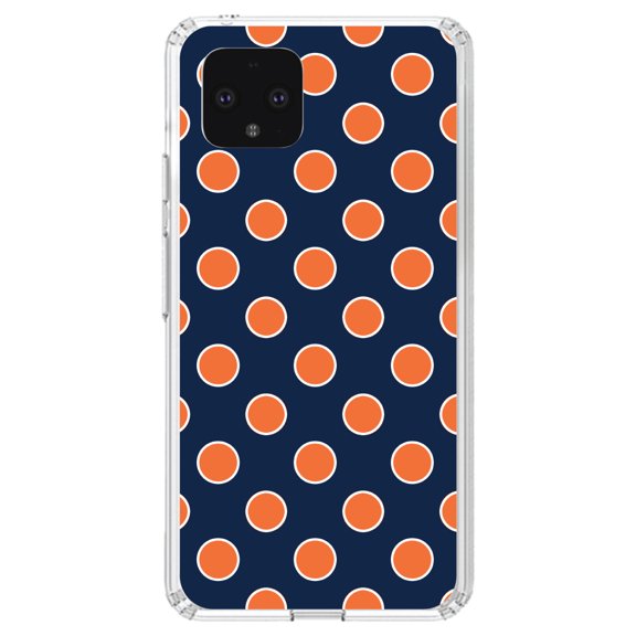 DistinctInk Clear Shockproof Hybrid Case for Google Pixel 4 XL (6.3" Screen) - TPU Bumper, Acrylic Back, Tempered Glass Screen Protector - Navy Orange White Polka Dots