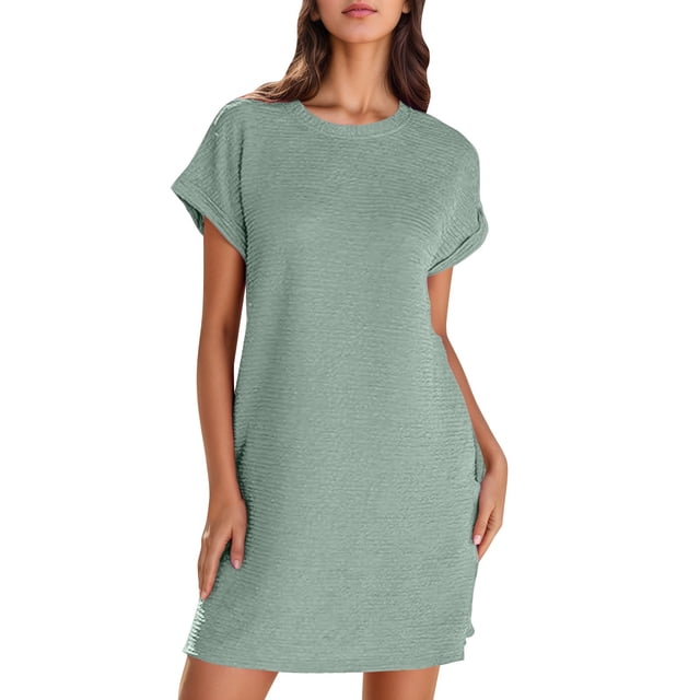 Lenpel Robe T-Shirt pour Femme, Couleur Unie, Manches Courtes, Col Ras du Cou, Robe Tunique, Été, Décontractée, Mini, avec Poches