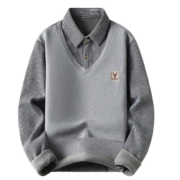 Wrtxtat Men's Lapel Fake Two-Piece Shirt Autumn Fashion Warm Lightweight Pullover Striped Color Lapel Turn Down Collar Knitted Shirts Gray XXXXL