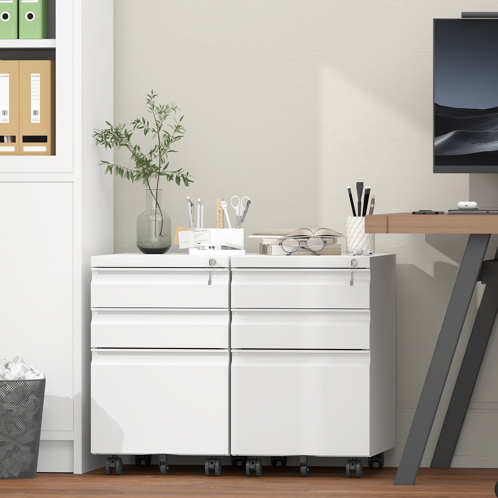 Marcree Filing Cabinets, Mobile File Cabinet with Lock for Home Office, 3 Drawer Filing Cabinet for A4/Letter/Legal Size Folder, Metal Vertical White Filing Cabnet on Wheels, Fully Assembled