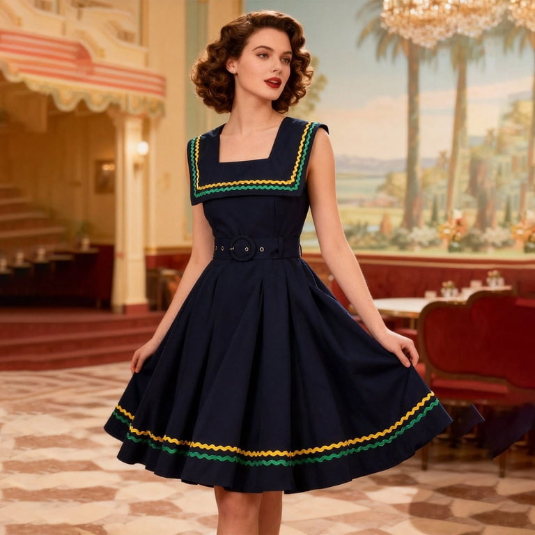 Telankuip Women's Sailor Collar Sleeveless Midi Dresses 1950s Retro High Waisted A-Line Swing Flowy Prom Dress for Party 2026 Spring Summer Slim Fit 