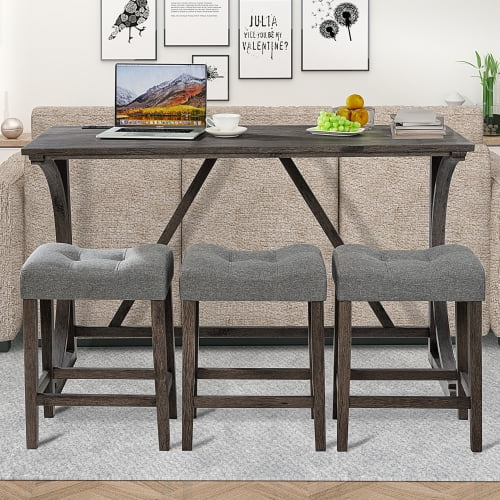 4-Piece Bar Table Set with Power Outlet, Dining Bar Table and 3 Padded Stools for Living Room Kitchen Game Room, Dark Gray