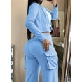thumbnail image 4 of Women'S 2 Piece Casual Outfits Cropped Blazer Jackets High Waisted Wide Leg Work Pants Suit Set Sky Blue M, 4 of 6