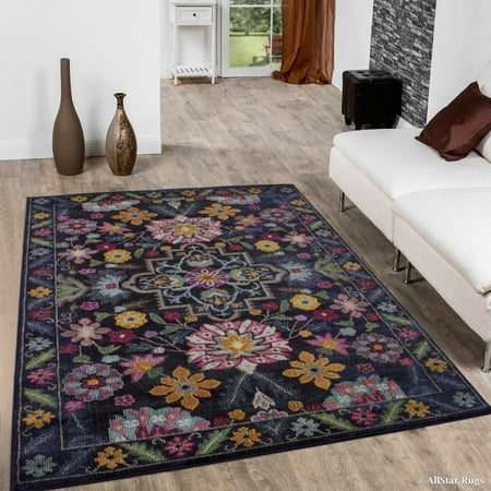 - Allstar Black High-Density Soft Geometric Distressed Abstract Floral Designed Area Rug (5' 0