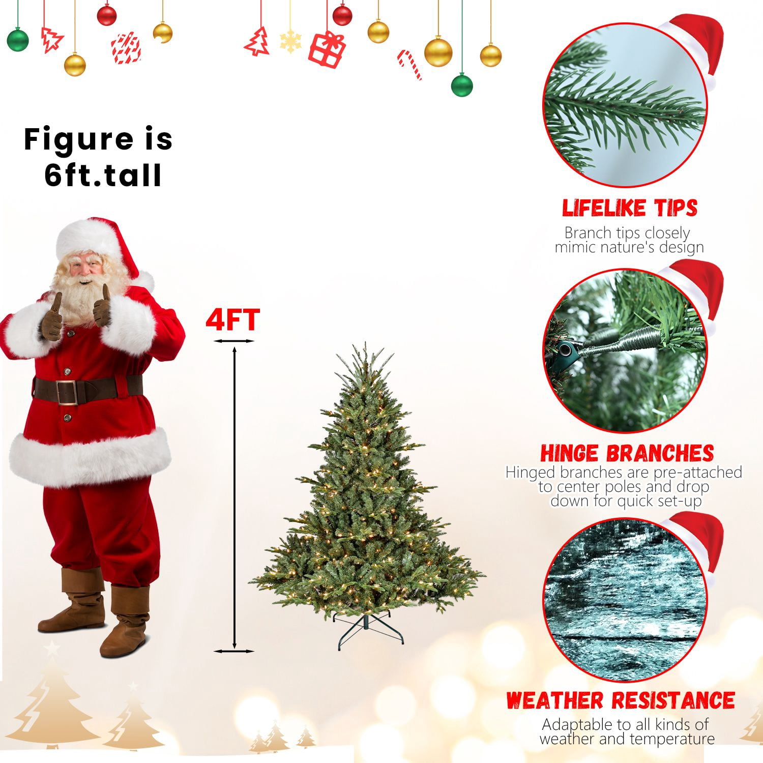 4ft Christmas Tree, PE PVC Mixed Tree Automatic Xmas Decoration Led Light for Artificial Christmas Tree