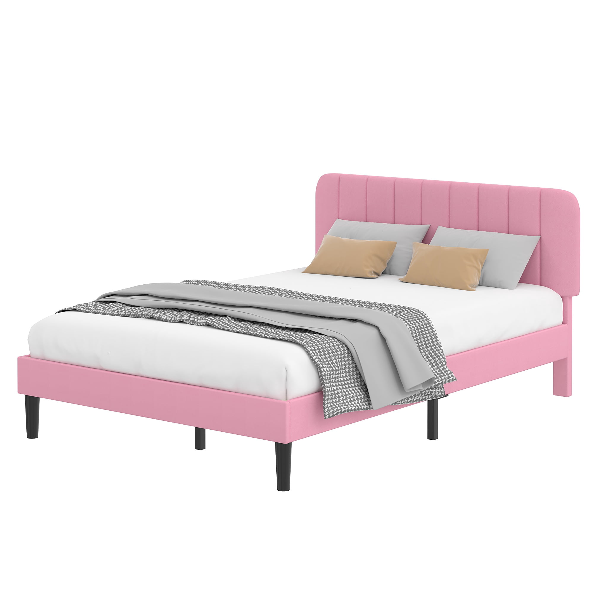 Taomika, Queen Size Upholstered Platform Bed Frame with Adjustable Headboard-Pink