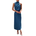 thumbnail image 1 of Vestido PRETTYGARDEN 2025 Verano Satén Sin Mangas Azul Marino Talle S, 1 of 7
