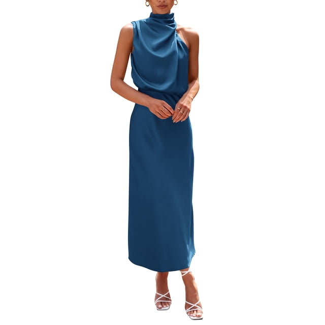 Vestido PRETTYGARDEN 2025 Verano Satén Sin Mangas Azul Marino Talle S