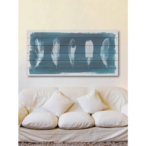 Marmont Hill ''Feathers on Dusty Teal I'' Painting Print on White Wood