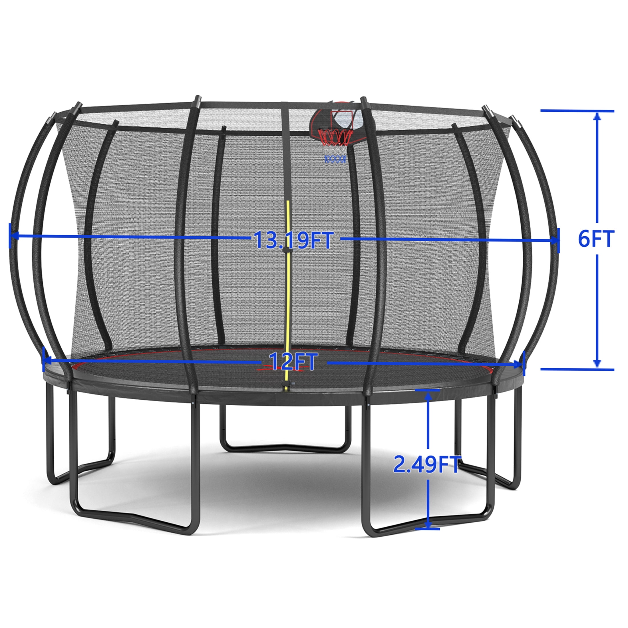 JERFIT 12ft Trampoline with Safety Enclosure Net, Basketball Hoop & Ladder, Outdoor Jumping Mat for Kids and Family, Black and Red