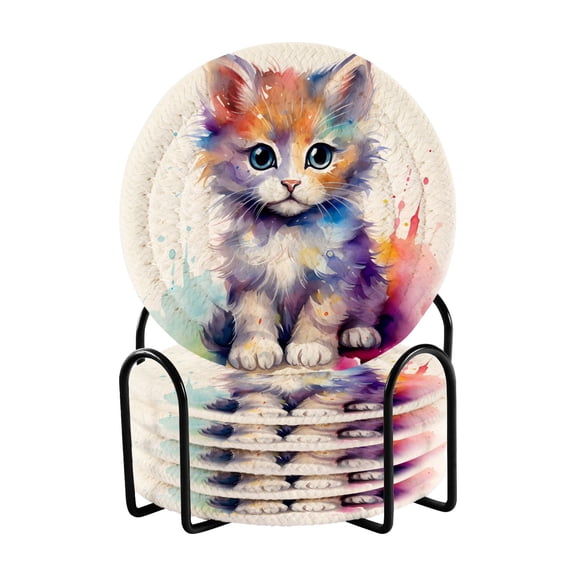 6 Pcs Cat Cute Drink Coasters with Holder Absorbent Coaster Sets Cup Heat-Resistant Hot Pads Mats for Bar Table Protection
