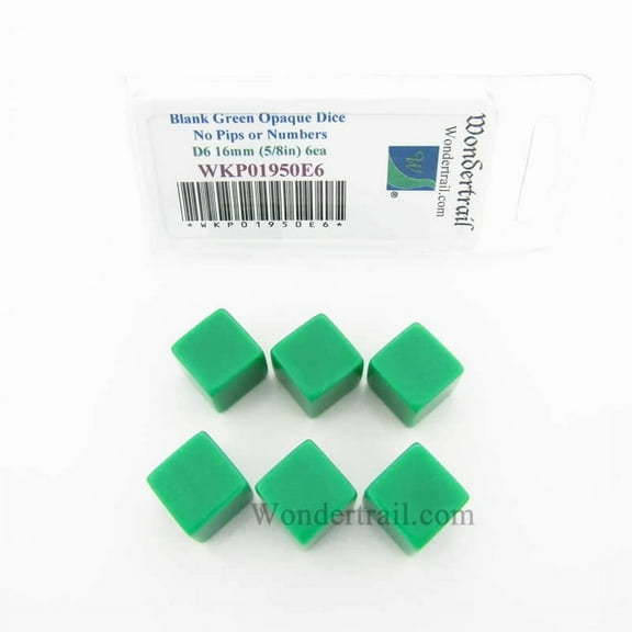 Green Blank Dice Cubes D6 16mm (5/8in) Set of 6 Wondertrail