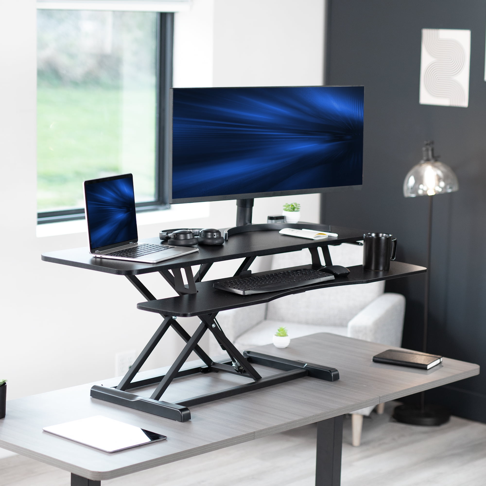 VIVO Black Height Adjustable 48" Standing Desk Monitor Riser, Sit Stand Tabletop