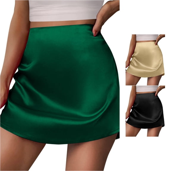 Rggeeun Women's Satin Mini Skirt High Waist A-Line Short Skirt Solid Color Elegant Skirt Outdoor Play,Green,L