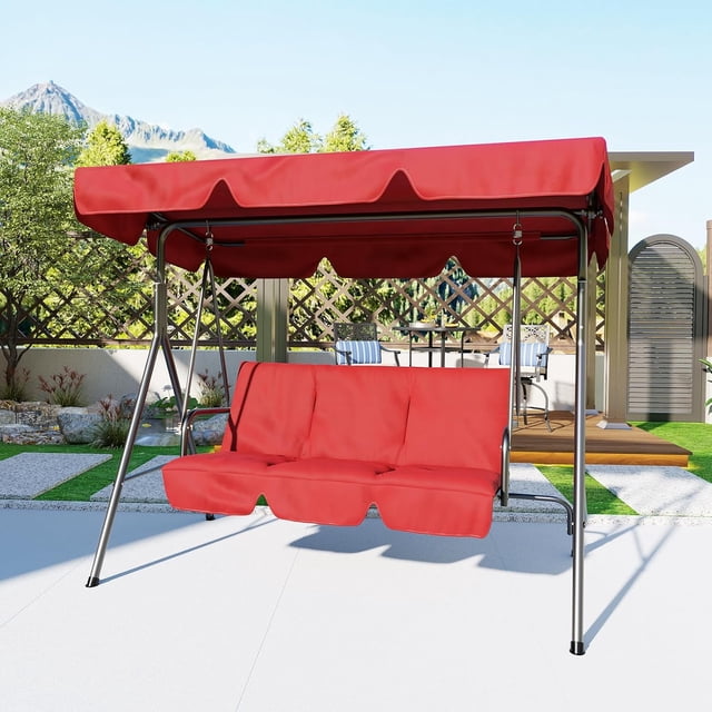 Chaise Balançoire de Patio Extérieure pour 3 Personnes, Fauteuil Berçant Suspendu à Auvent à Inclinaison Réglable avec Housse d'Ombre Convertible Rouge