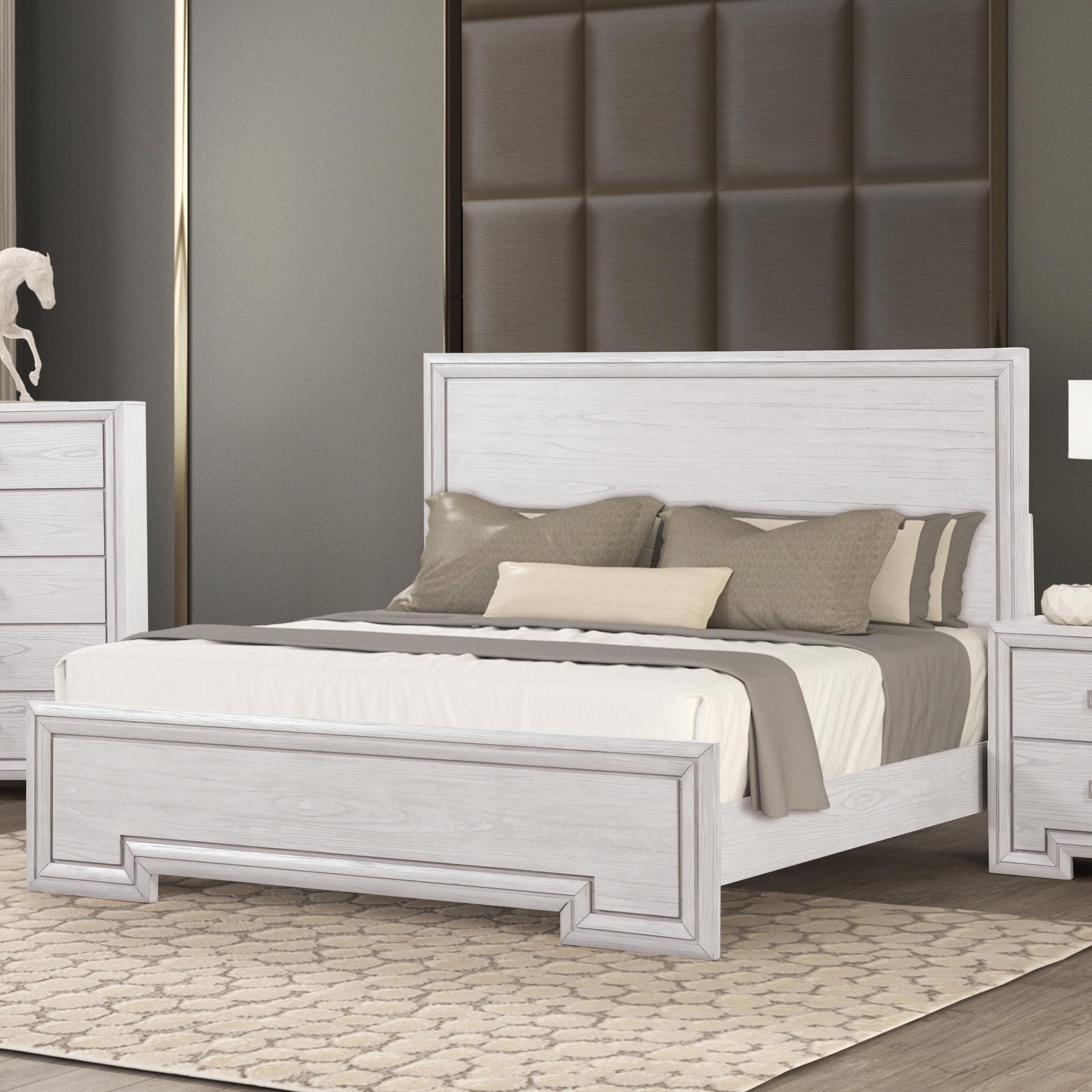 Furniture of America Elres Solid Wood Panel Bed, King, Rustic White