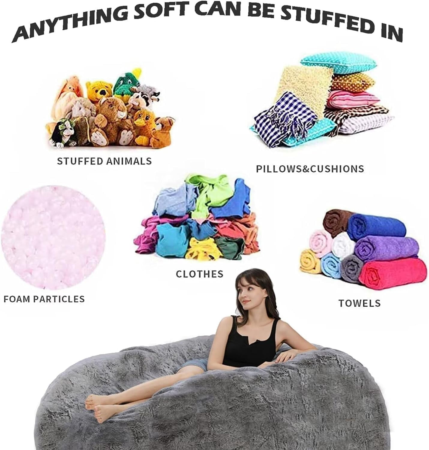 Bean Bag,Giant Fur Bean Bag Chair Cover for Adults Kids (Without Filling) Comfy Fluffy Giant Round Beanbag Lazy Sofa Cover for Reading Chair Floor Chair Lazy Sofa Bed Cover Soft Fluffy Faux BeanBag