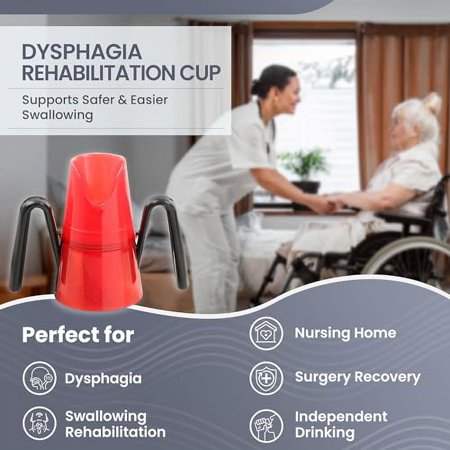 RiJe Dysphagia Regulating Drinking Cup for Difficulty Swallowing Disorders - Controlled Sips Adult Size (8oz) Cup Prevents Aspiration - 2 Handles for Secure Grip - Adjustable 3-15cc, Made in Canada