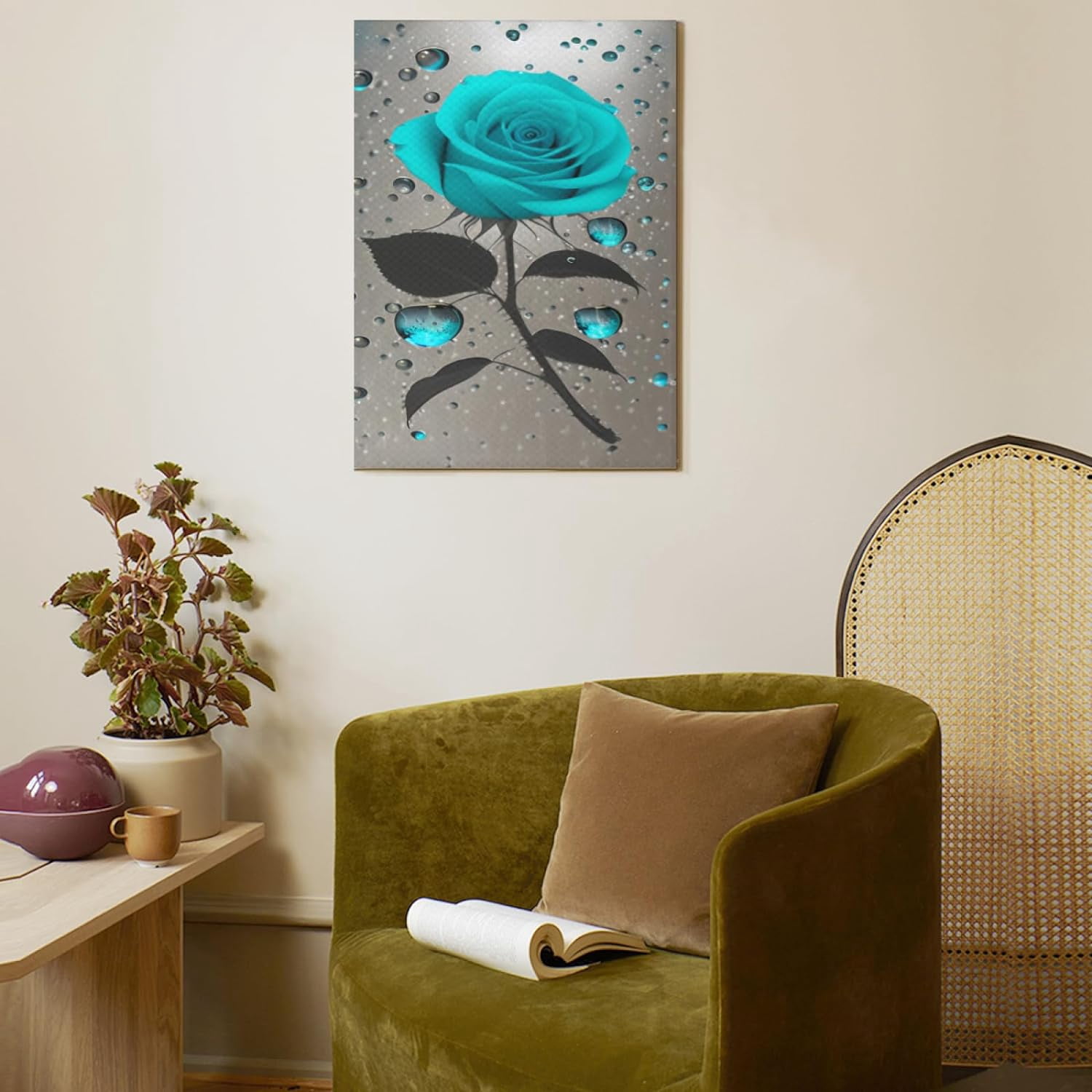Teal Rose Canvas Wall Art Turquoise Blue Flower Prints Contemporary Black and White Pictures for Bathroom Wall Decor 12 x 16 Inch
