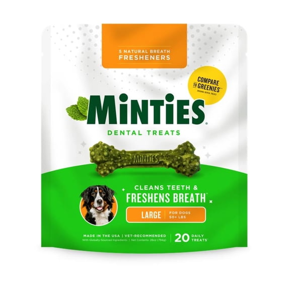 Minties Dental Chews for Dogs, Vet-Recommended Mint-Flavored Dental Dog Treats for Large Dogs, Fight Bad Breath, Removes Plaque and Tartar, 28 oz