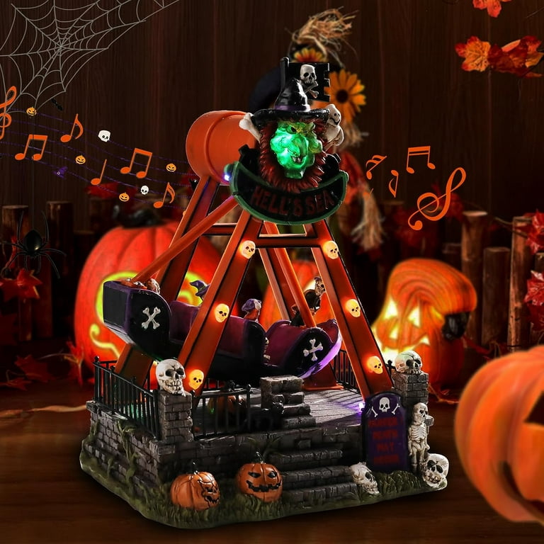 11.8 in Halloween Village Indoor Halloween Decorations Pirate Ship Musical Hell's Sea Pendulum LED Swing with Skull Pumpkin Motion and Sound for