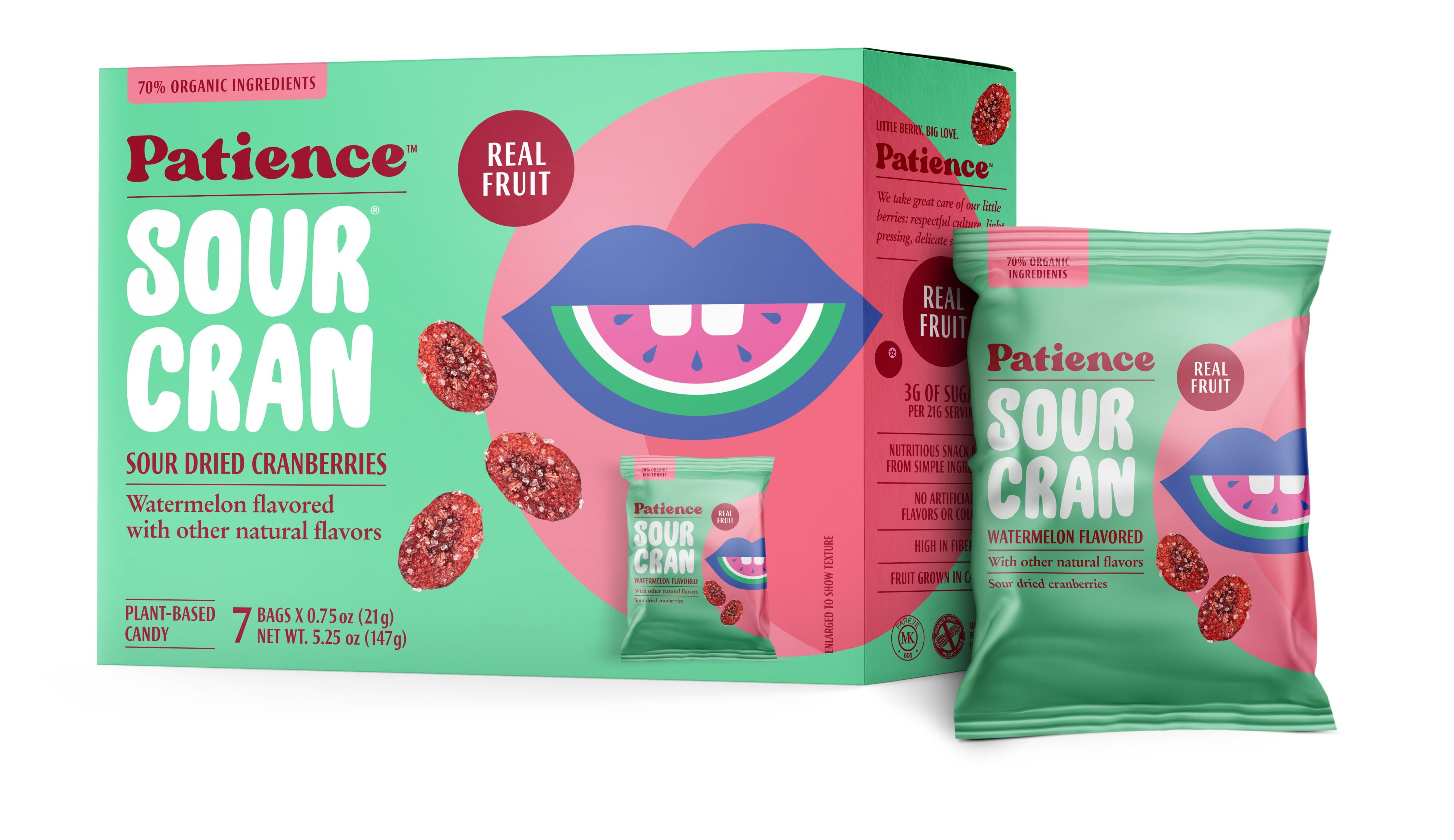 (2 pack) Patience SourCran Dried Cranberry Fruit Snack, Watermelon Flavor, 0.75 oz Pouch, 7 Count
