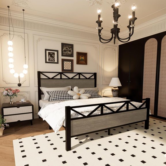 Full Size Metal Bed Frame, Heavy-Duty Platform Bed with Headboard & Footboard, Easy Assembly, Brown