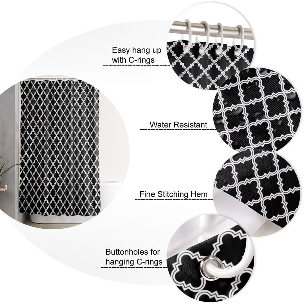 Shower Curtain Quatrefoil Black Shower Curtains for Bathroom Decor Classic Pattern Monochrome Element Shower Curtain Sets with Hooks Waterproof Fabric Bath Curtain Extra Long 72" X 84"