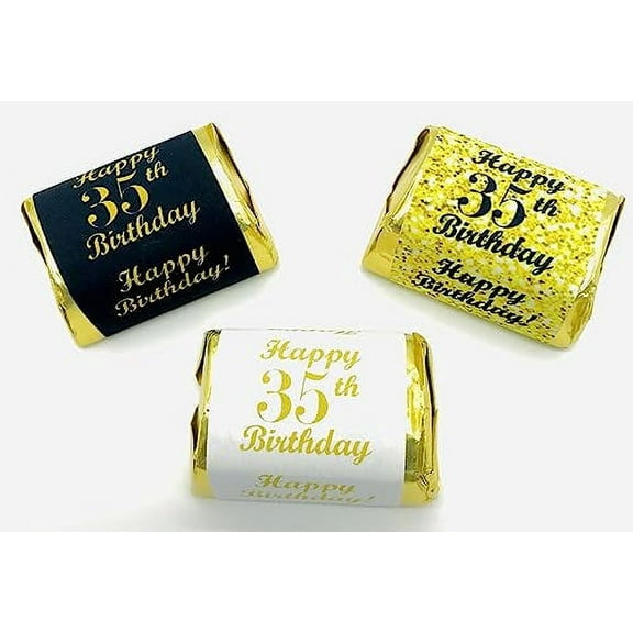35th Birthday Nuggets Labels, Chocolate Candy Wrapper, (Set of 90) Candy Stickers; 3 Designs: 30 Gold, 30 Black, 30 White, Candy Not Included