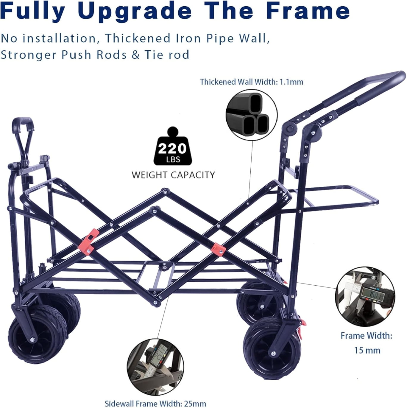 Collapsible Wagon Wagon Cart with Removable Canopy, Heavy Duty Foldable Beach Wagon with  All Terrain Wheels and Brake, Adjustable Push Pull Handle, 220LBS Cooler Bag Utility Carts for Outdoor, Black
