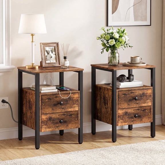 HOOBRO Nightstands Set of 2 with 2- Drawer and Charging Station Living Room Bedroom Brown BF431BZP201