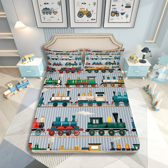 Kids Train Sheet Set Twin Size For Boys Girls Colorful Steam Engine Train Bedding Sets Cartoon Train Transportation Bed Sheets Set With 1 Pillow Case,Gray,Green,Blue,Yellow,White