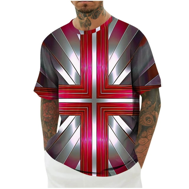 Mens Camisas de Manga Corta Impresión Casual Deportes Cuello Redondo Blusa, Poliéster Ligero para la Primavera Verano Al Aire Libre Uso Diario
