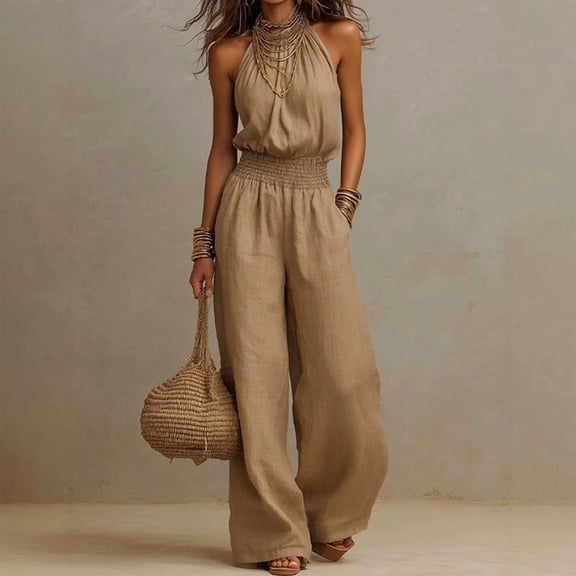 Morttic Women's Fashion Summer Halter Backless Jumpsuit – Ruched Waist Wide Leg, Side Pocket, Solid Color Sleeveless Romper Light Brown,S