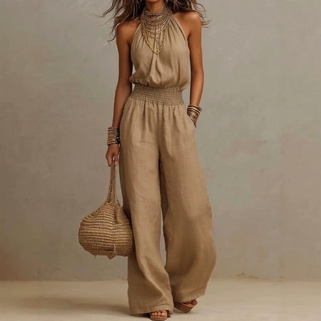 Morttic Women's Fashion Summer Halter Backless Jumpsuit – Ruched Waist Wide Leg, Side Pocket, Solid Color Sleeveless Romper Light Brown,S