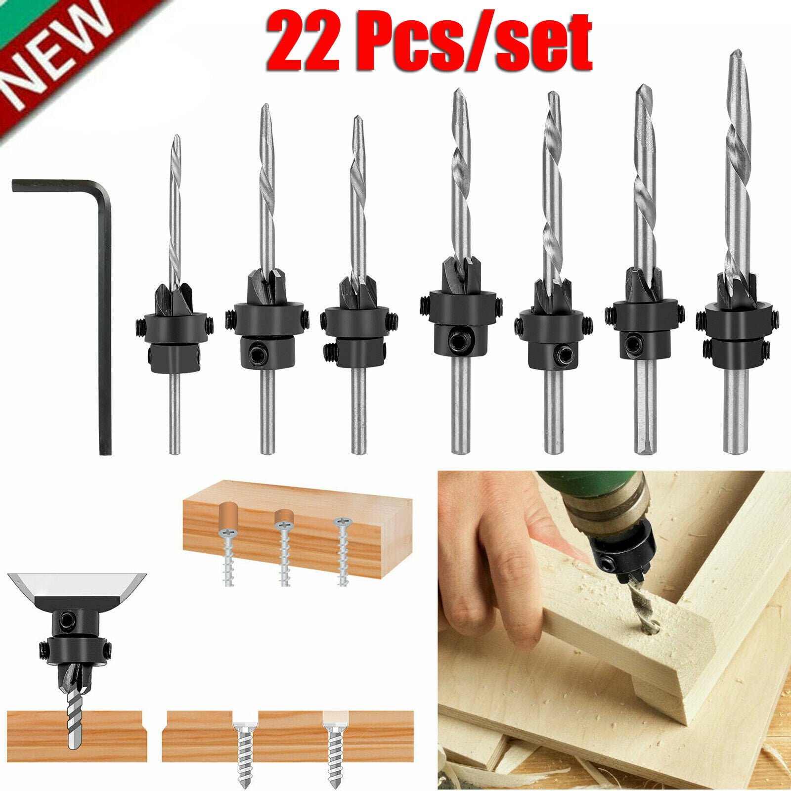 Tapered Drill & Countersink Bit Screw Wooden Pilot Hole Tools Kit With Case 