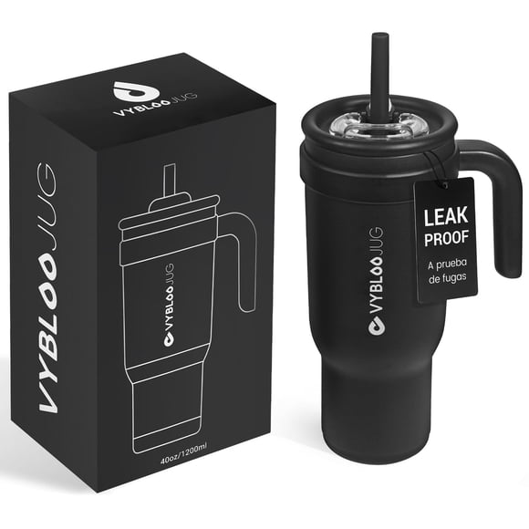 VYBLOOJUG Vaso Termico con Doble Pico, Termo con Popote para Frío y Caliente, Vaso Acero Inoxidable para Hombres y Mujeres, Libre de BPA (40 oz / 1200 ml, Fizz Sombrío)