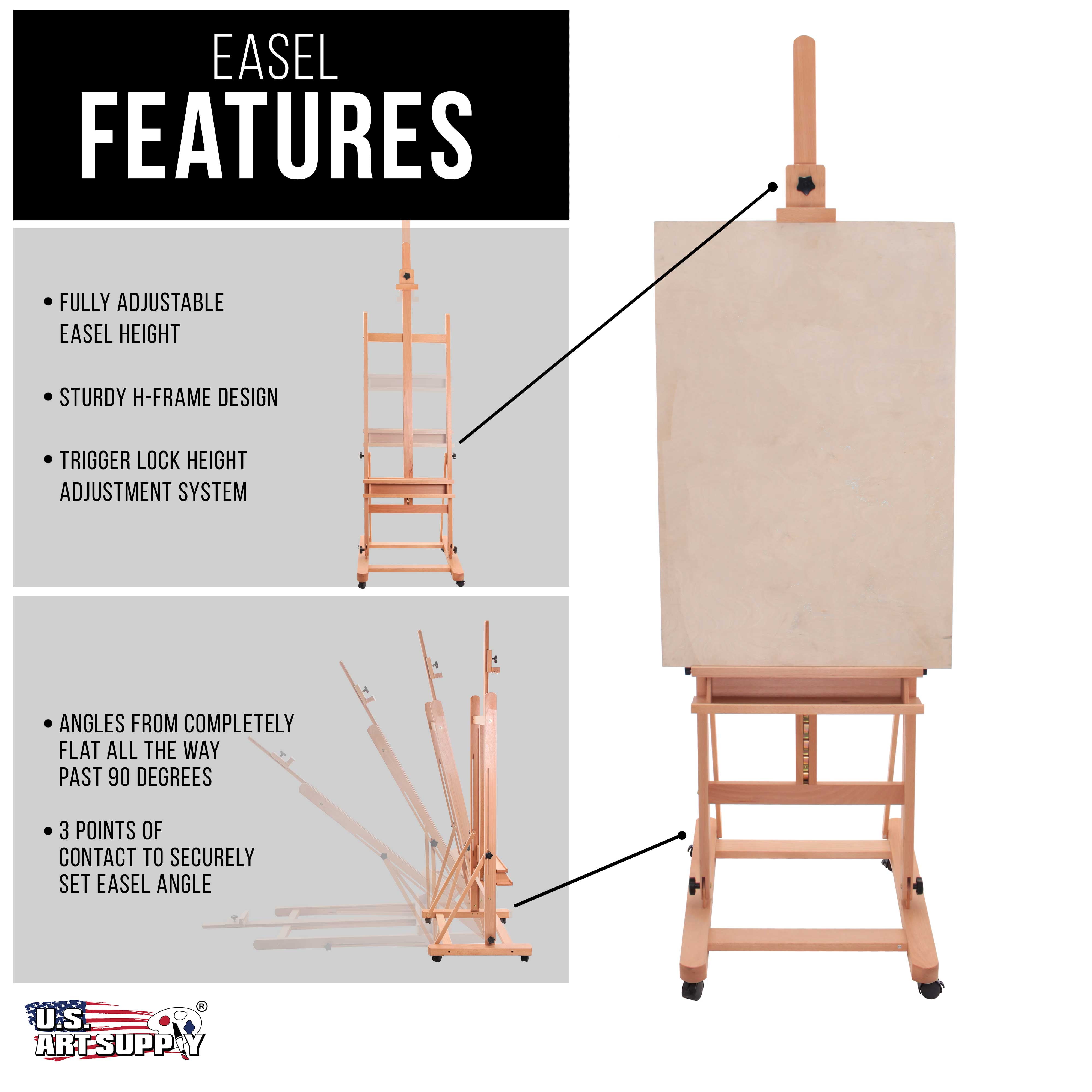 U.S. Art Supply Wooden H-Frame Studio Easel with Artist Storage Drawer, 75 Mast
