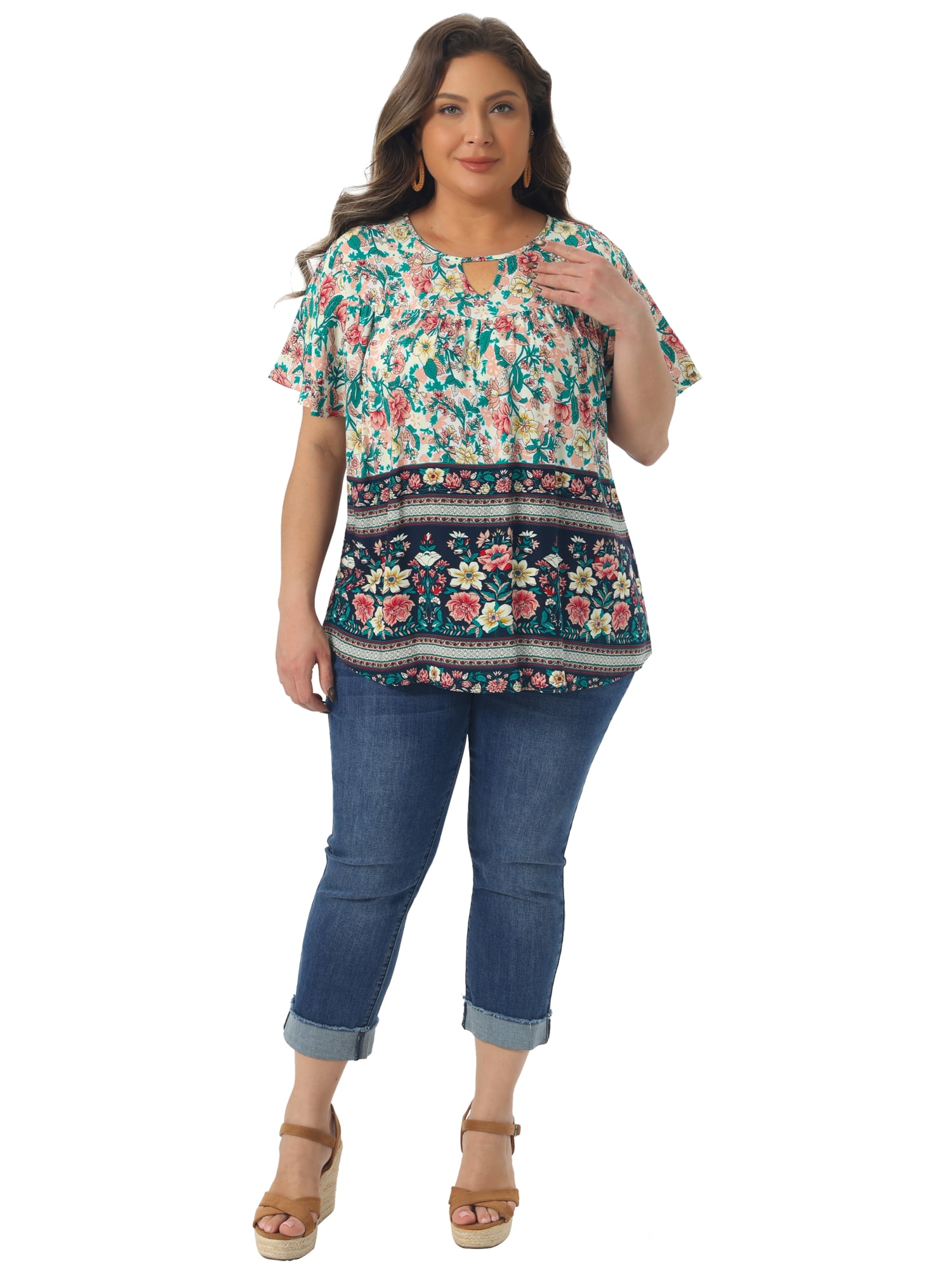 Women's Plus Women's Keyhole Ruffle Short Sleeve Boho Floral Blouse 1X Beige